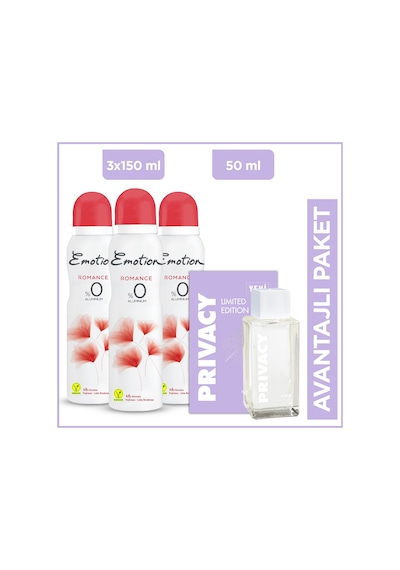Privacy Kadın Parfüm EDT 50 ML + Emotion Romance Kadın Sprey Deodorant 3 x 150 ML