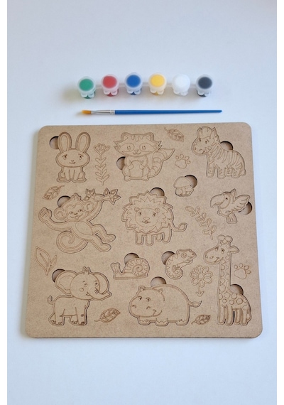 Çocuklar İçin Zeka Ve Beceri Geliştiren Safari Ahşap Boyama Puzzle Seti