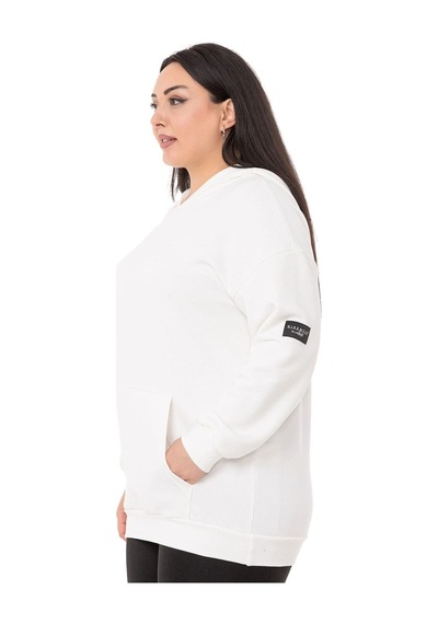 Büyük Beden Sırtında Yazı Detaylı Kapüşonlu Kanguru Cepli Üç İplik Beyaz Sweatshirt-beyaz Beyaz