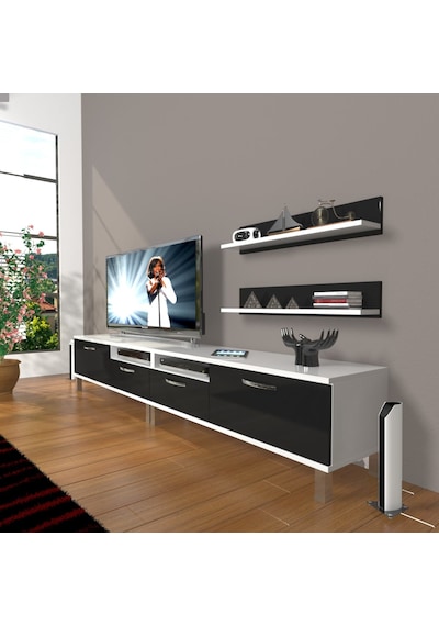 Decoraktiv Eko 220r Mdf Krom Ayaklı Tv Ünitesi Tv Sehpası Beyaz - Siyah