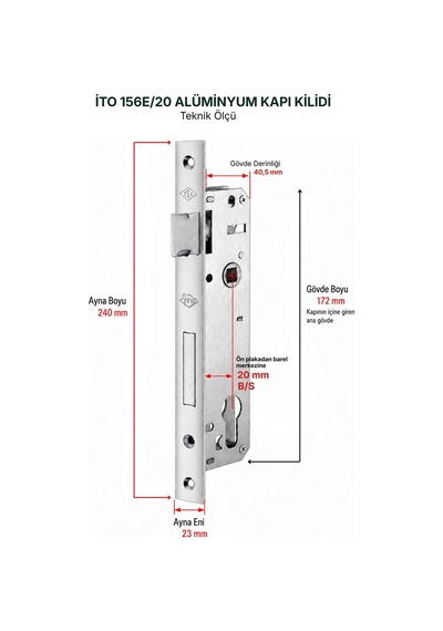 İto Kilit 156E/20 Alüminyum Kapı Kilidi - Aldoks Serisi Gömme Kilit (Barelsiz)