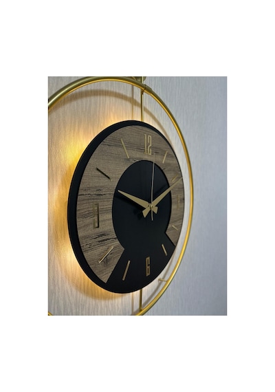 Pey Aksesuar 50x70 Cm Metal Ahşap Ve Işığın Muhteşem Uyumu Duvar Saati Dekoratif Ahşap-m54-gold-siyah-dikkat -keçe-gold
