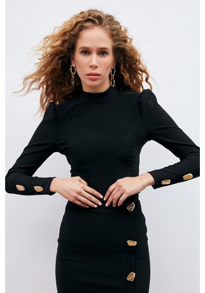 Sateen  Düğme Detaylı Crop Bluz - Siyah-132901 Siyah