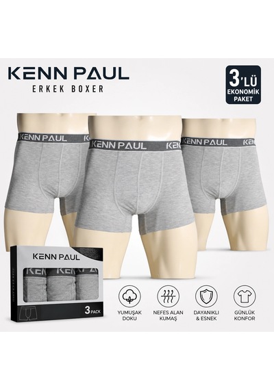 Kenn Paul Kennpaul Likralı Erkek Boxer 3 Adet Gri