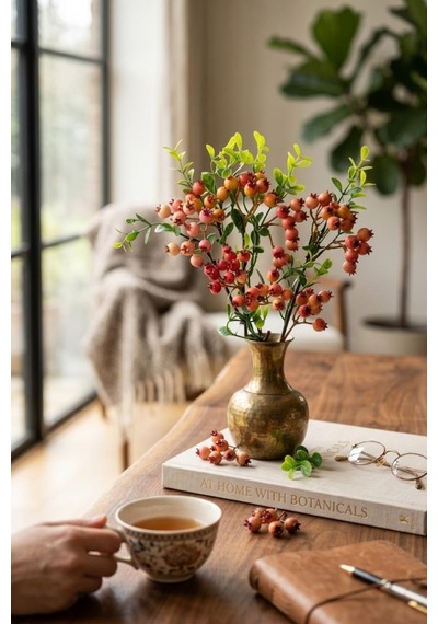 Yapay Çiçek Nar Kokina Dalı 38cm Red Berry Kırmızı
