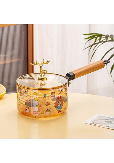 Qerhome Borosilikat Cam Amber Geyik Kapaklı Sos Tenceresi - Yumurta Tenceresi 1500 Ml Amber