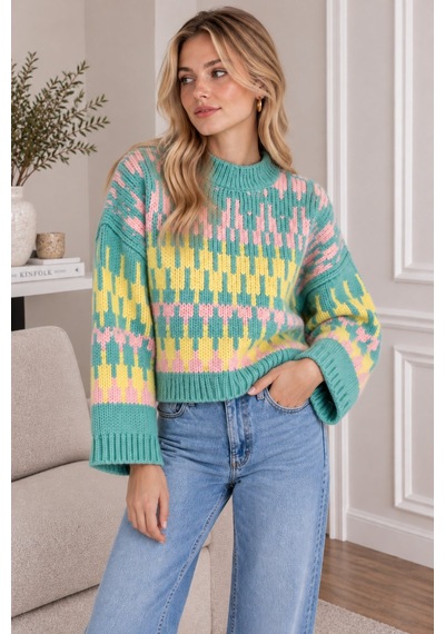Lima Turkuaz Kadın Geometrik Desenli Oversize Triko Kazak Bisiklet Yaka Kalın Örgü Kazak Lima Turkuaz Kadın Geometrik Desenli Oversize Triko Kazak Bisiklet Yaka Kalın Örgü Kazak