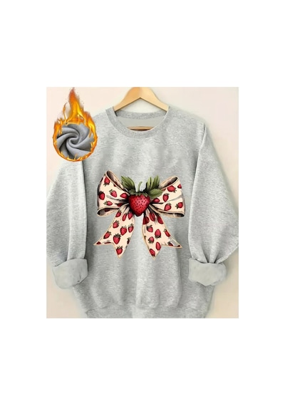 Herkesemoda Çilek Kurdele Baskı Detaylı Bisiklet Yaka Sweatshirt Gri
