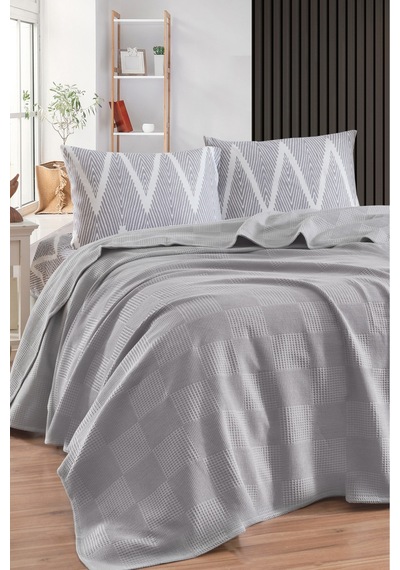 Eponj Home Lastikli Çarşaflı Pike Takımı Çift Kişilik %100 Pamuk 4 Parça K.olivia Desenli Gri Weave Serisi Gri