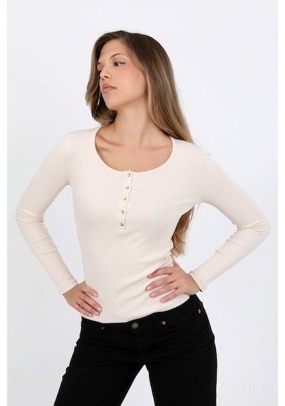Hdm Kadın Fildişi Uzun Kollu Fitilli Patlı Düğmeli Basic Örme Bluz - H6162 Ekru