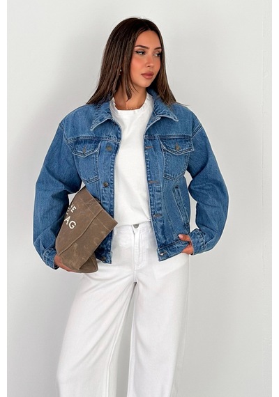 Kadın Açık Mavi Yıkamalı Oversize Beli Lastikli Düğmeli Kot Ceket 2 Beden Küçük Alın Lara-5011
