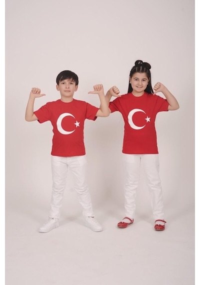 23 Nisan-Türk Bayrağı-Ay-Yıldız Baskılı Erkek-Kız Tshirt-Tişört