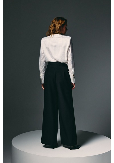 Sateen Kemerli Bol Pantolon - Siyah-136820 siyah
