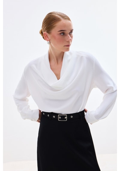 Sateen Degaje Yaka Bluz - Ekru-136736 Ekru