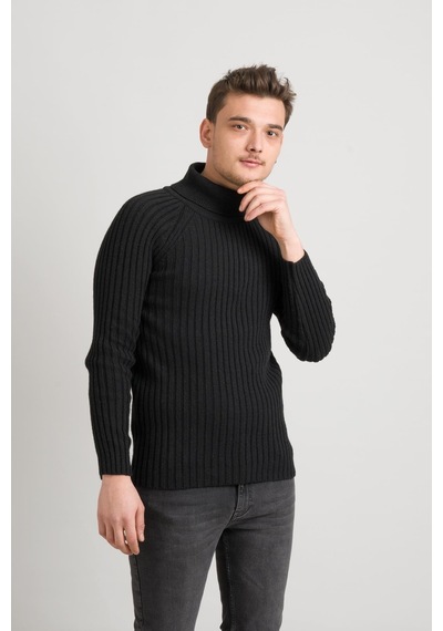 Slim Fit Çizgili Tam Balıkçı Pamuklu Kalın Triko Erkek Kazak 001