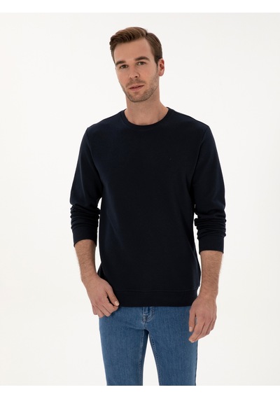 Lacivert Regular Fit %100 Pamuk 3 İplik Bisiklet Yaka Sweatshirt