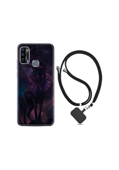 Infinix Hot 9 Play Kılıf Boyun Askılı Black Purple Wolf 1791