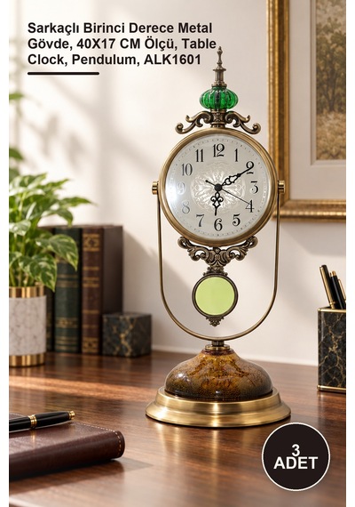 3 Adet Masa Üstü Saat Sarkaçlı Birinci Derece Metal Gövde, 40x17 Cm Ölçü, Table Clock, Pendulum, Alk1601