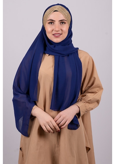 Hürrem Bone Saks Mavisi-gold Arkadan Bağlamalı Şal Şifon Üç Bantlı Simli Pileli 1835 2402