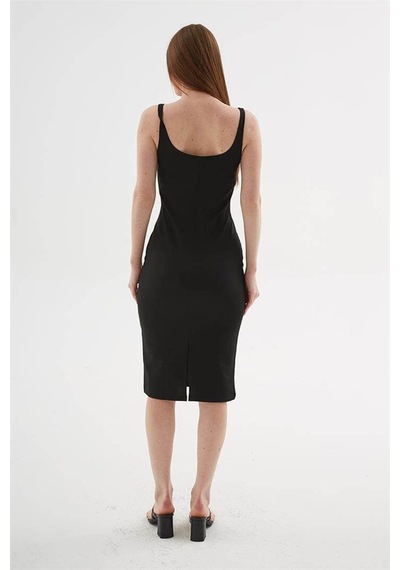 Fashion Friends Kare Yaka Midi Siyah Kadın Elbise 26y0299k1
