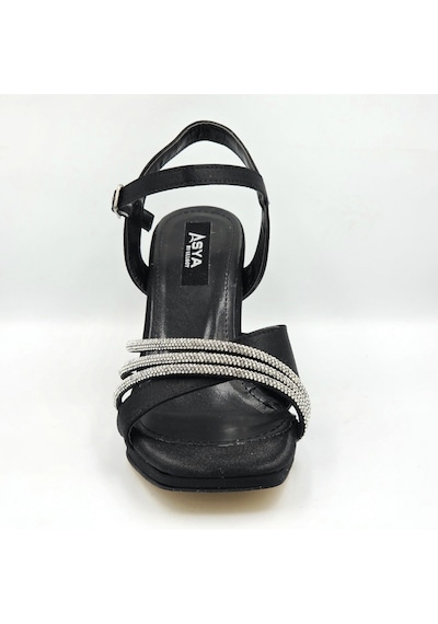 Asya 104070 Siyah Saten Taş Detaylı Platform Topuklu 8cm Kadın Abiye Sandalet Ayakkabı