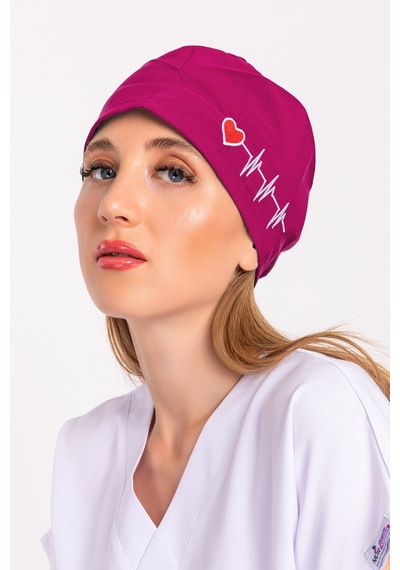 Unisex Koyu Pembe Kalp Ritim Nakışlı Doktor Hemşire Hastane Medikal Cerrahi Bonesi Pembe