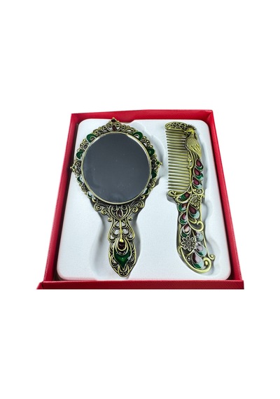 Tavus Kuşu Desenli Vintage Ayna Tarak Seti Özel Tasarım Ve Özel Kutulu 13,5 Cm & 13 Cm Altın