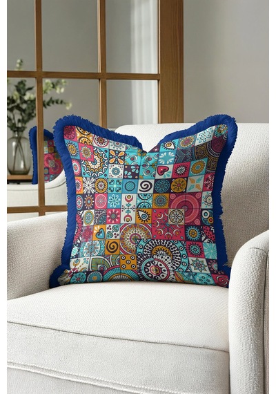 Canlı Boho Mozaik Saçaklı Yastık Kılıfı - Renkli Eklektik Mavi Sarı Püsküllü Kırlent Kılıfı Tozlu Dumanlı Lacivert Canlı Boho Mozaik Saçaklı Yastık Kılıfı - Renkli Eklektik Mavi Sarı Püsküllü Kırlent Kılıfı Tozlu Dumanlı Lacivert