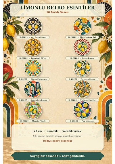 Dekoratif Duvar Tabağı Limonlu Retro Esintiler Dekorlu Seramik Tabak Sarı