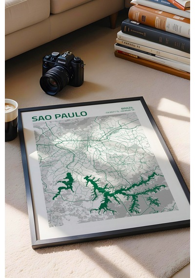 Sao Paulo Brezilya Brazil Haritası Çerçeveli Tablo Salon Ofis Duvar Dekorasyonu Hediyelik Tablo