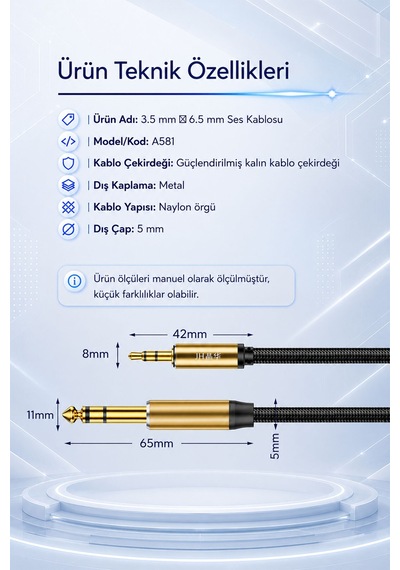 3.5mm - 6.35mm Ses Kablosu, 6.5mm Jak Dönüştürücü Audio Kablo, Gitar Amfi Mikrofon Kulaklık Elektro Piyano Uyumlu, Naylon Örgü, Altın Kaplama, Metal Gövde A583h
