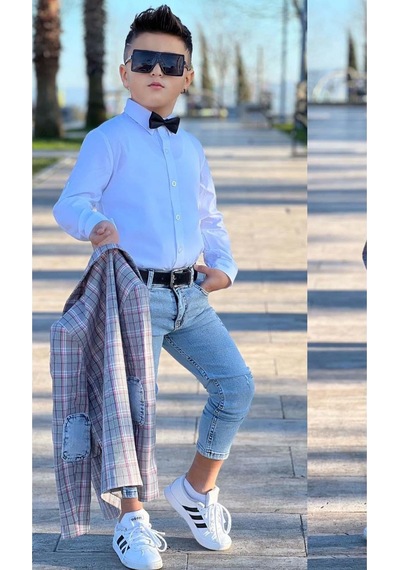 Riccotarz Erkek Çocuk Kırmızı Çizgili Blazer Ceket Kot Pantolon Alt Üst Takım Gri