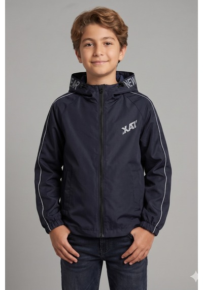 Erkek Çocuk Kapüşonlu Kolları Şeritli Baskılı Bondik Kumaş Mevsimlik Mont Mm5011 Lacivert