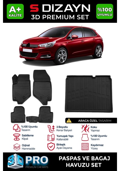 S-dizayn Citroen C4 3d Pro Havuzlu Paspas Ve Bagaj Havuzu Seti 2'li Set 2010-2018 A+ Kalite
