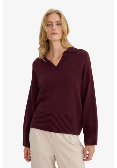 Defacto Oversize Geniş Kalıp Polo Yaka Triko Kazak F9126ax25wnbr467 Bordo