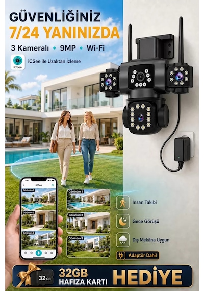 İcsee 9002 9mp 3 Lens Wifi Güvenlik Kamerası, Motorlu Gece Görüşlü Dış Mekan Kamera, 32gb Kart Ve Adaptör