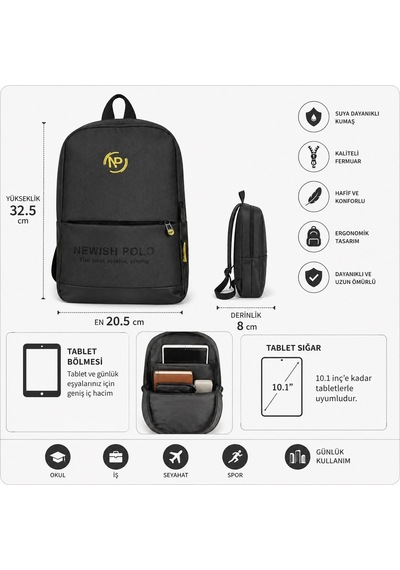 Newish Polo Unisex Minimal Sırt Çantası Laptop Bölmeli Şehir İçi Kullanım - New406 Siyah