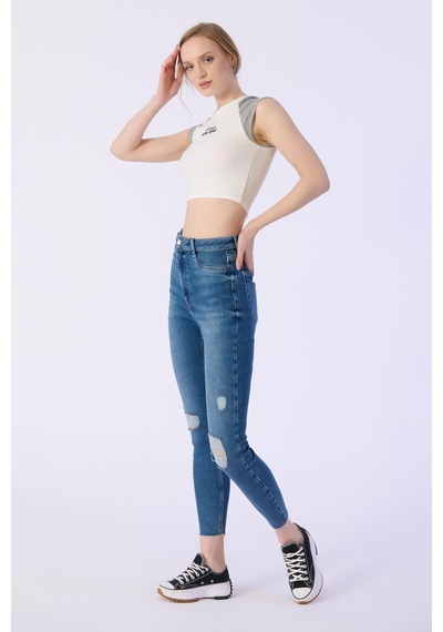 Skınny Cep Kapalı Dizler Lazerlı Paça Kesik Denim Pantolon-mavi Mavi