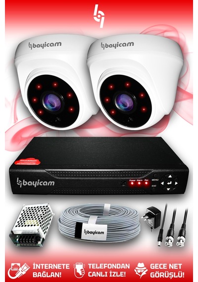 Bayicam 2 Kameralı Dome 2 İç Kamera Set HDD'siz Full HD Gece Görüşlü Güvenlik Kamerası Sistemi