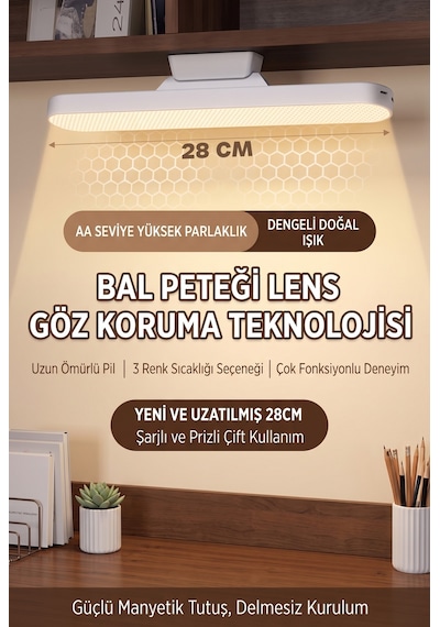 Şarjlı Mıknatıslı Ders Çalışma Okuma Lambası Parlaklık Işık Rengi Ayarlanabilir 28 Cm 1613 Beyaz