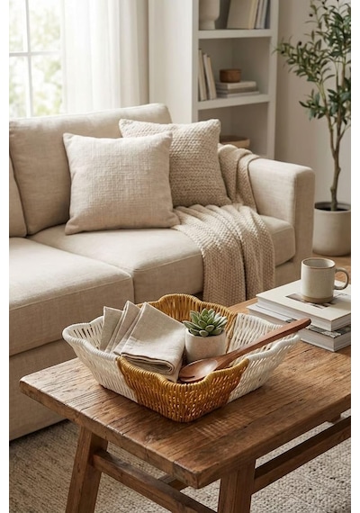 Ayrex Buffer Kare Dalgalı Çift Renkli Plastik Rattan Sepet, Ekmek Ve Meyve Sepeti, 25x25x8 Cm, Yıkanabilir, İç İç Diğer