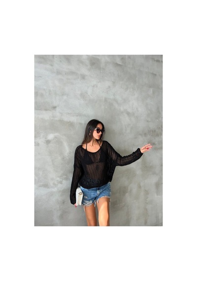 De Pose Ajurlu Sonbahar Triko Oversize Bluz Kazak Siyah