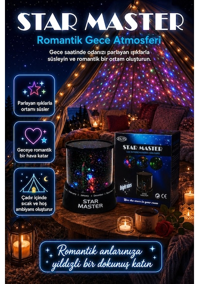 Dekoratif Led Yıldız Gece Lambası Renkli Işık Efektli Oda Atmosfer Projektörü Çok Renkli