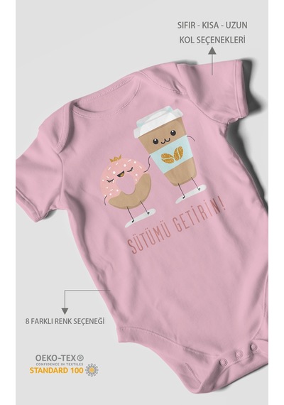 Sütümü Getirin Baskılı Bebek Zıbını Çıtçıtlı Body %100 Pamuk Kısa Kol Koyu Pembe