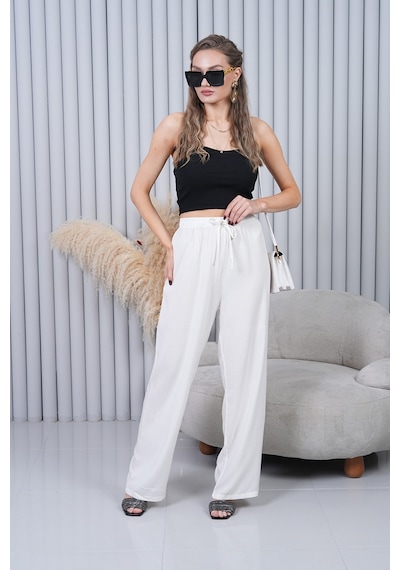 Polologin Butik Beli Bağcıklı Yüksek Bel Bol Paça Beyaz Pantolon Beyaz