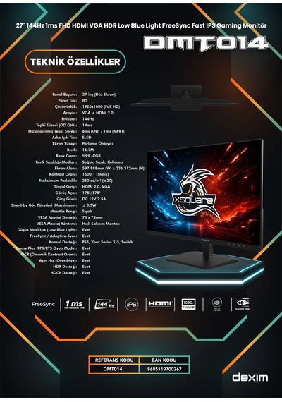 Dexim Dmt014 27" 144hz 1ms Fhd Hdmı Vga Hdr Low Blue Light Freesync Fast Ips Gaming Monitör