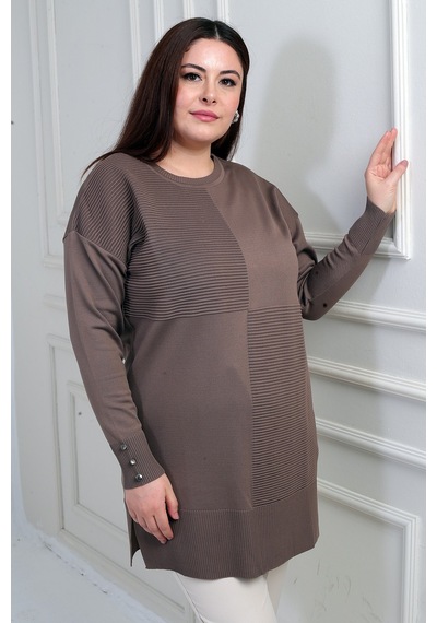 By Saygı Kadın Kolları Düğme Detaylı Büyük Beden Tunik Bluz K.vizon