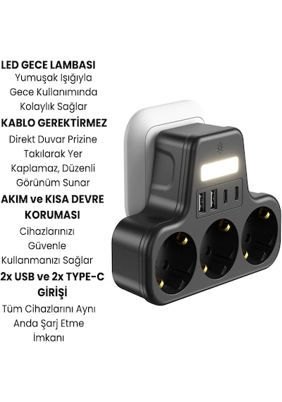 3 Lü Duvar Tipi Priz 2 Usb-a 2 Type-c Girişli Led Gece Lambalı Akım Korumalı Çoklayıcı 0