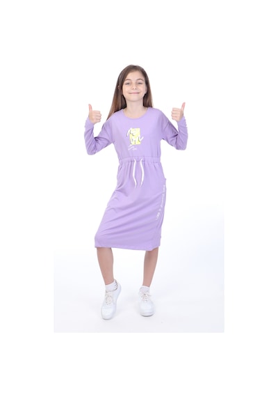 Toontoy Kız Çocuk Baskılı Relax Fit Bisiklet Yaka Uzun Kollu Bağcıklı Elbise - Lila