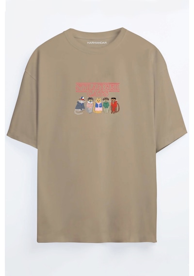 Stranger Cats Baskılı Unisex Siyah - Beyaz -turuncu - Bej Oversize T-shirt Bej